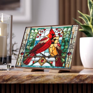 Cardinal Pair Stained Glass Gift for Bird Lovers - Cardinal Memorial Plaque Ceramic Tile | Male and Female Cardinal Birds Decorative Tile