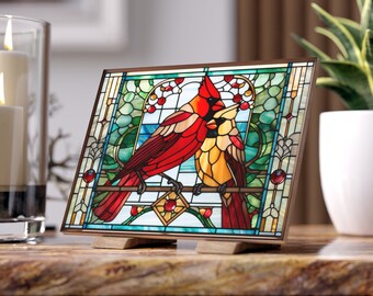 Azulejo de cerámica de vitral con pareja de cardenales: regalo para los amantes de las aves