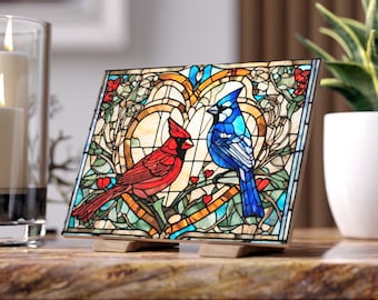 Cardinal and Blue Jay Heart Tile: Stained Glass Look Bird Lover Gift