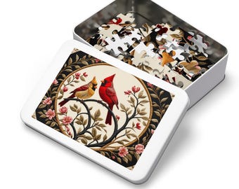Jigsaw Puzzle: Red Cardinal and Yellow Female Cardinal in Garden Scene | White Tin Box | Great Grandma Gift
