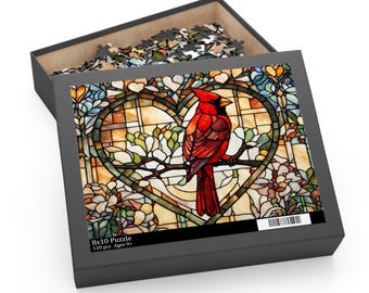 Cardinal Puzzle Stained Glass Heart Design | Great Grandma Gift | Red Cardinal Jigsaw Puzzle | 3 Sizes