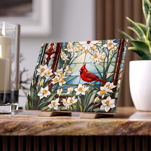 Bloem geboortemaand maart | Narcissen kardinaal keramische tegel kunstafdruk | Cadeau voor moeder | Aquarelkunsttegel | Bloemenkunst cadeau voor oma
