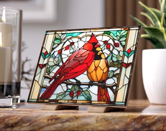 Stained Glass Cardinal Pair Ceramic Tile: Bird Lover Memorial Plaque