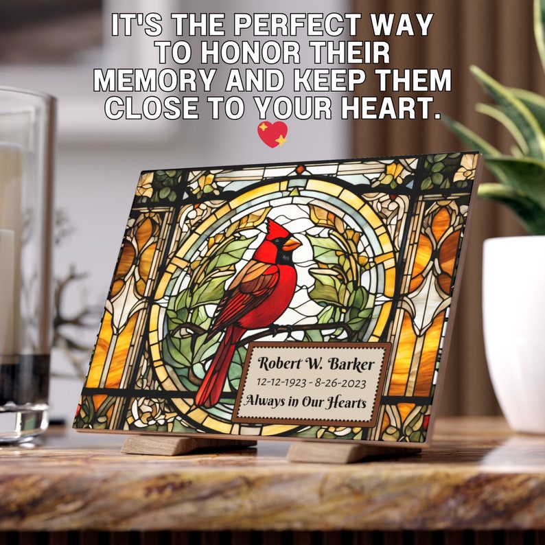Cardinal Memorial Personalized Stained Glass Cardinal Bird Memorial Plaque Ceramic Tile ...