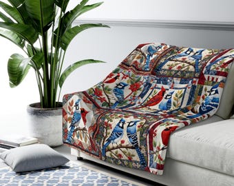 Cardinal and Blue Jay Bird Block Quilt Grandma Blanket | Patchwork Quilt Look | Great Grandma Gift | Granny Chic Gift for Mom Sherpa Fleece