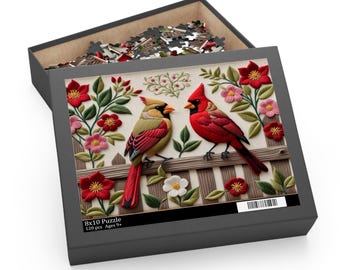 Cardinal Jigsaw Puzzle Art | Cardinal Pair on Fence Embroidery Look Design | Spring Garden Scene | Great Grandma Gift
