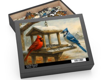 Cardinal and Blue Jay Puzzle Gift for Mom | Wildlife Art | Watercolor Birds | Red Bird and Bluejay Jigsaw Puzzle | Great Grandma Gift