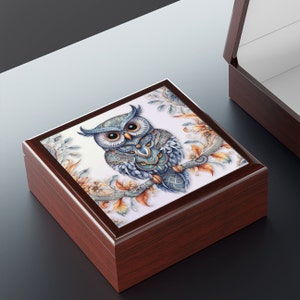 Scatola portagioie gufo argento-blu / Regalo amante degli uccelli / Piccola scatola portagioie in legno / Scatola portaoggetti con decorazione gufo / Scatola regalo fatta a mano