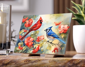 Blue Jay and Cardinal Birds Memorial Gift Home Decor Decorative Ceramic Tile | Wild Bird Lover Gift | Remembrance Gift Watercolor Painting