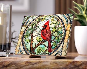 Stained Glass Cardinal Ceramic Tile: Bird Lover Gift Plaque (8x6")