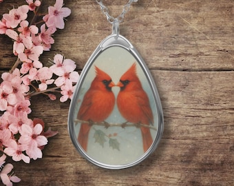Cardinal Pair Necklace, Kissing Cardinals Teardrop/Oval Pendant, Memorial Necklace Gift for Mom or Grandma | Jewelry Gifts