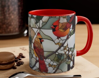 Cardinal Bird Mug | Bird Lover, Bird Watcher Ceramic Coffee Mug | Cardinals in the Snow Stained Glass Look Bird Art 11oz Mug