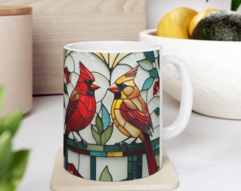 Cardinal Mug | Stained Glass Look | Garden Flowers Bird Mug | Cardinal Pair Art Ceramic Coffee Mug | Gift for Mom | Great Grandma Gift
