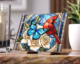 Cardinal & Butterfly Stained Glass Look Tile: Bird Lover Gift