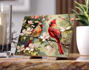 Cardinal Pair Bird Art Print Ceramic Tile Bird Lover Gift | Cherry Blossom & Cardinal Decor Red Bird Print | Red Cardinal Remembrance Gift
