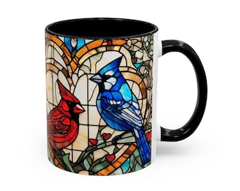 Stained Glass Cardinal and Bluejay Bird Mug - Gift for Bird Lover