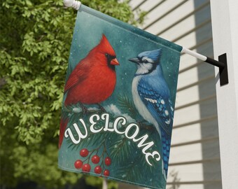 Cardinal Bluejay Welcome Garden Flag | Outdoor House Flag | Double-Sided Garden Decoration House Banner | Holiday Wildlife Art Gift for Mom