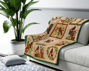 Cardinal Bird Throw Blanket | Country Quilt Folk Art Style Farmhouse Couch Blanket, Granny Chic Cozy Cardinal Gift | 4 Colors | 2 Sizes