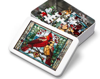 Cardinal Puzzle Gift Tin with Stained Glass Look Male and Female Cardinal Design | Great Grandma Gift | Cardinal Pair Jigsaw