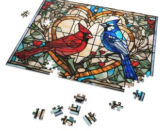 Cardinal and Blue Jay Stained Glass Look Design Jigsaw Puzzle in Tin | Great Grandma Gift | BlueJay and Cardinal Wild Songbirds Bird Puzzle