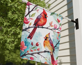 Cardinal Garden Flag: Spring Songbirds Watercolor House Banner | Cardinal Pair