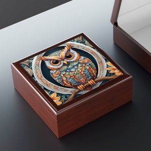 Scatola portagioie con decorazione gufo/Regalo per amante degli uccelli Paisley/Piccola scatola portagioie in legno/Scatola di scorta con decorazione gufo/Scatola regalo fatta a mano