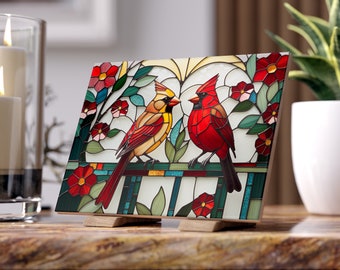 Cardinal Stained Glass-Look Ceramic Tile Art Print | Bird Lover Gift | Cardinal Decor Red Bird Print | Cardinal Pair Floral Remembrance Gift