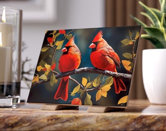 Red Cardinal Gift Art Print Ceramic Tile  | Bird Lover Gift | Cardinal Decor Red Bird Print | Backyard Birds Red Cardinal Remembrance Gift