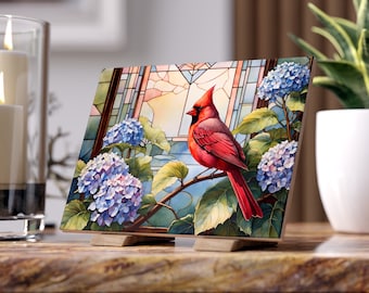 Cardinal & Hydrangea Watercolor Art Tile: Floral Stained Glass Print