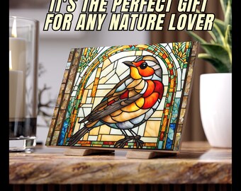 Stained Glass Robin Bird Decorative Ceramic Garden Tile | Bird Lover Gift from Cardinal Memorials
