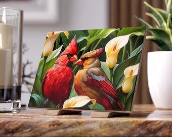 Cardinal Pair Bird Art Print Ceramic Tile Bird Lover Gift | Calla Lily & Cardinal Decor Red Bird Art Print | Red Cardinal Remembrance Gift