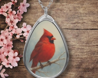 Winter Cardinal Teardrop Necklace, Oval Pendant Cardinal Jewelry, Memorial Necklace Gift for Mom & Grandma
