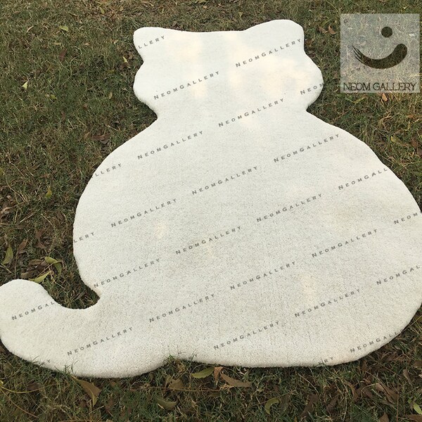 Hand Tufted White Cat Shape Woolen Area Rug For Living Dining Door Mat Baby Kids Room Bed Room, High Quality Rug for Gift 2x3 4x6 3x4.5 6x9