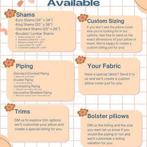May include: A graphic with a peach background and a grid pattern. The graphic lists custom options for pillow covers, including shams, piping, trims, and bolster pillows. The text includes measurements in inches.