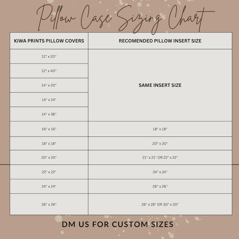May include: A pillow case sizing chart with the text "Pillow Case Sizing Chart" at the top. The chart lists pillow cover sizes from 12" x 20" to 26" x 26" and corresponding recommended insert sizes. The text "DM US FOR CUSTOM SIZES" is at the bottom.