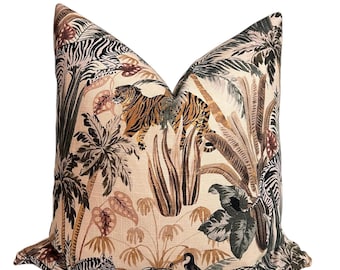 Jungle Safari Pillow Cover: Tigers, Zebras, Tropical Foliage – Handmade Accent Cushion