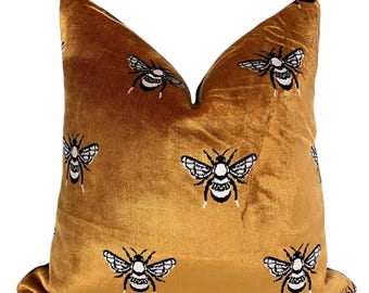 Handmade Bee Embroidery Velvet Pillow Cover, Gold Cushion