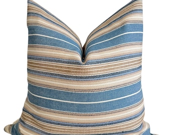 Blue Beige Striped Woven Pillow Cover, Coastal Farmhouse Decor