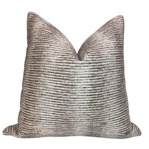 Textured Velvet Pillow Cover, Taupe and Ivory Striped Cushion, Modern Luxe Decor, Neutral Cut Velvet Pillow, Soft Ribbed Throw Pillow Cover