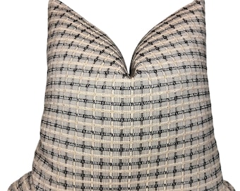 Handwoven Black and Beige Plaid Pillow Cover, Rustic Farmhouse Cushion