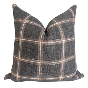 Beige and Blue-Gray Plaid Cushion, Plaid Linen Pillow Cover, Neutral Toned Cushion, Buffalo Check Accent Pillow, Modern Farmhouse Cushion