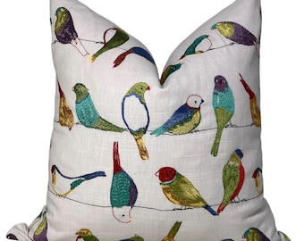 Funda de almohada con pájaro bordado, hecha a mano en EE. UU., cojín con pájaro colorido