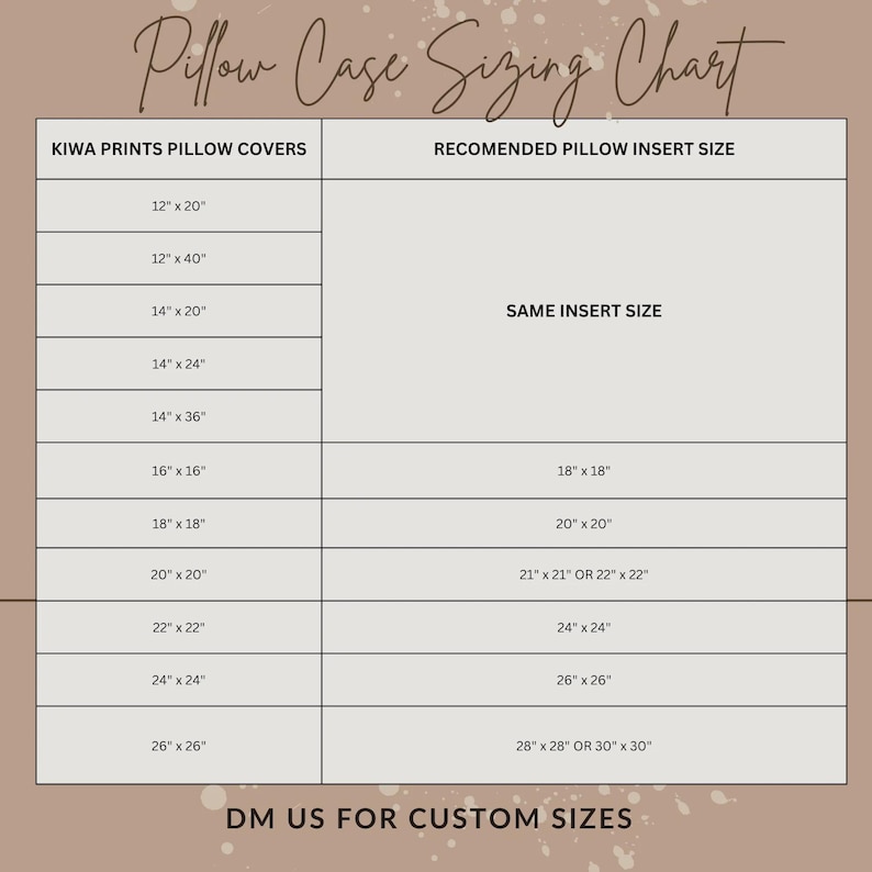 May include: A chart showing recommended pillow insert sizes for different pillow cover sizes. The chart lists pillow cover sizes from 12 inches by 20 inches to 26 inches by 26 inches. The corresponding recommended pillow insert sizes range from 18 inches by 18 inches to 28 inches by 28 inches or 30 inches by 30 inches. The chart also includes the text "KIWA PRINTS PILLOW COVERS" and "DM US FOR CUSTOM SIZES".