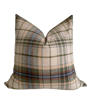 Beige Plaid Pillow Cover: Wool-Look Fabric, Rustic Farmhouse Décor