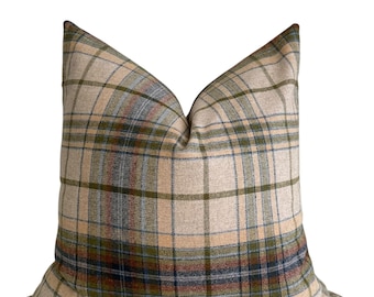 Beige Plaid Pillow Cover: Wool-Look Fabric, Rustic Farmhouse Décor