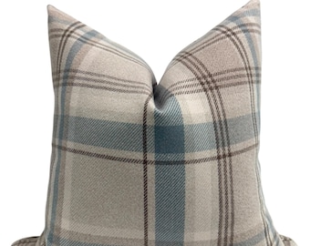 Fodera per cuscino a quadri blu, cuscino decorativo scozzese neutro, cuscino Cottage Core, fodera a quadri accogliente, tonalità neutre calde, fodera per cuscino rustica classica