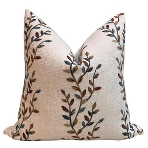 Botanical Embroidered Cushion Cover, Leaf Embroidery Linen Pillow Cover, Neutral Toned Pillow Cover,  Linen Decorative Pillow Cover