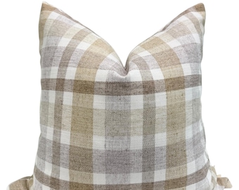 Handmade Neutral Plaid Pillow Cover, Farmhouse Style