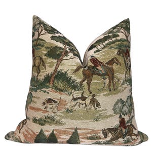 Reiter Gobelin Kissen | Kissen Pferdejagd Motive | Jagdwiese Kissen | Vintage Pferd & Hund Kissenbezug | Landhaus Kissen