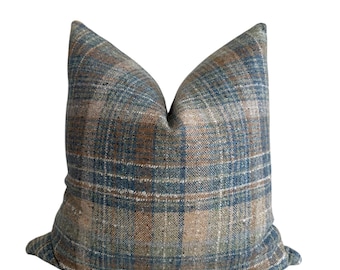 Blue Beige Plaid Pillow Cover: Tartan Wool-Look Farmhouse Decor